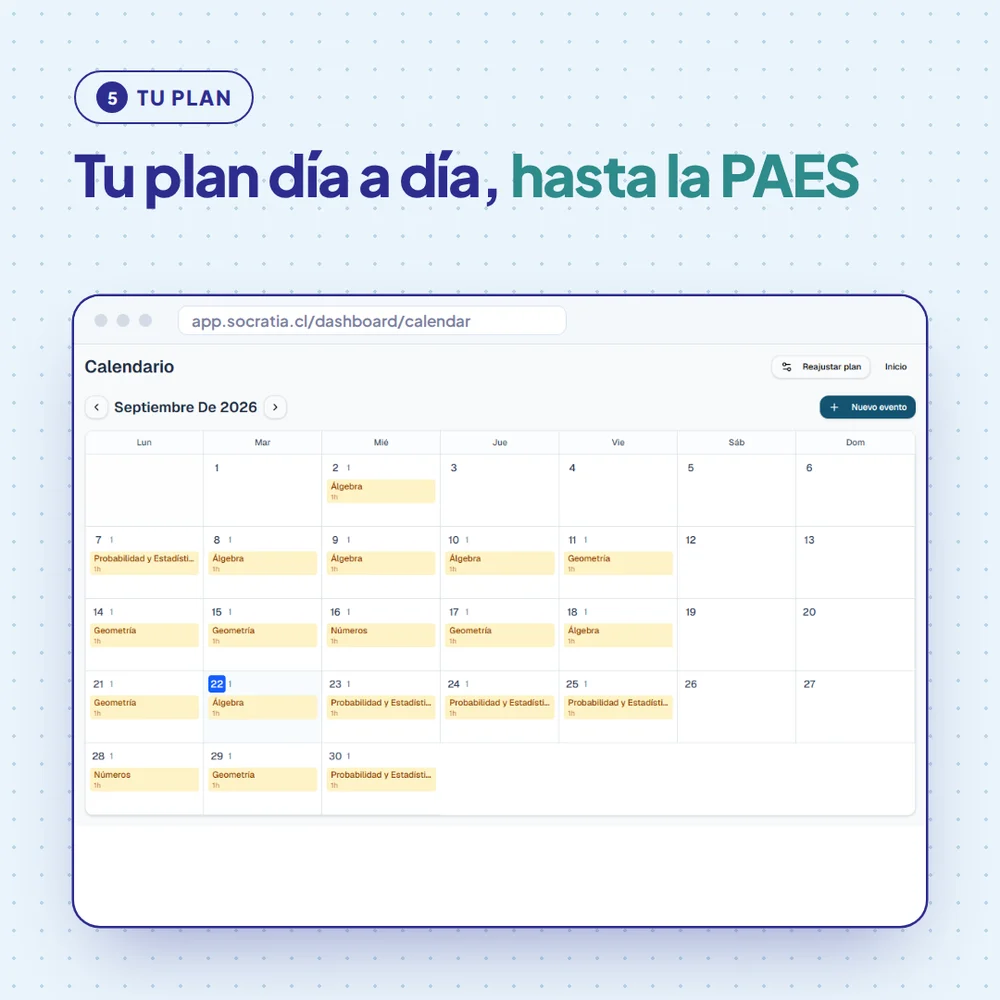 Calendario del plan de estudio de Socratia con una sesión diaria de Álgebra, Geometría, Números o Probabilidad durante septiembre de 2026